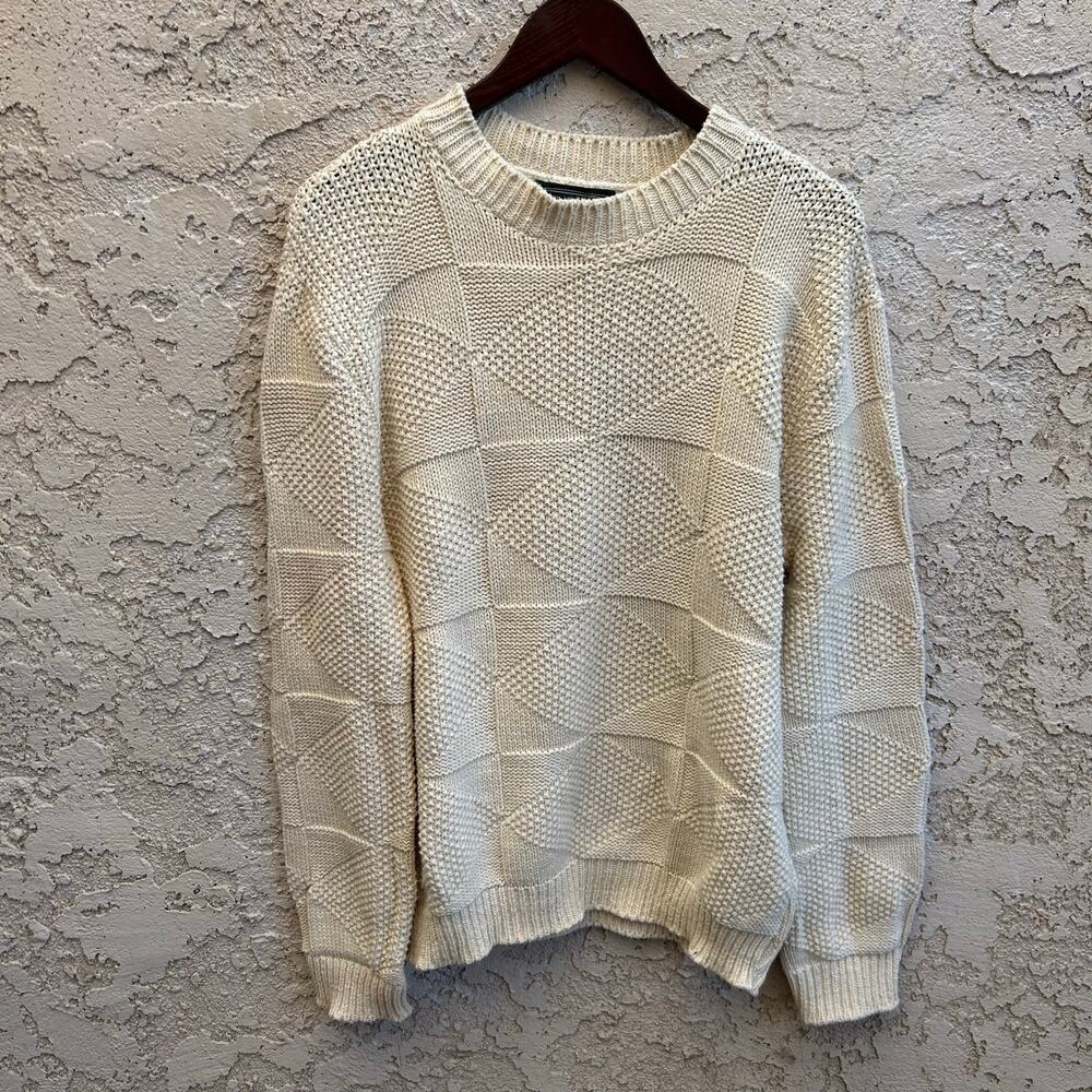 Vintage Cream Textured Knit Crewneck Sweater